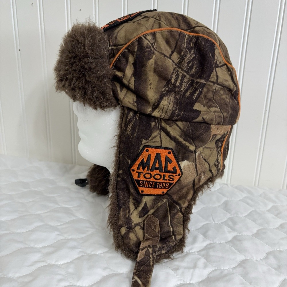 Mac Tools Winter Hat Trapper Bomber Aviator Brown Camo Faux Fur Ear Flap OS